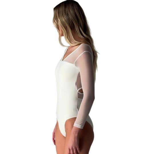 Damen Eleganter Body mit transparenten Ärmeln R&B