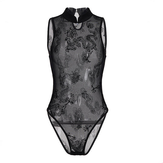 Damen Spitzen Body mit kleinem Stehkragen und transparenten Einsätzen R&B
