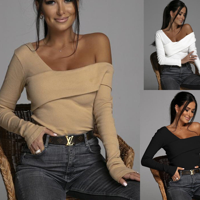 Damen Off-Shoulder Langarmshirt mit dekorativem Wickeldetail R&B