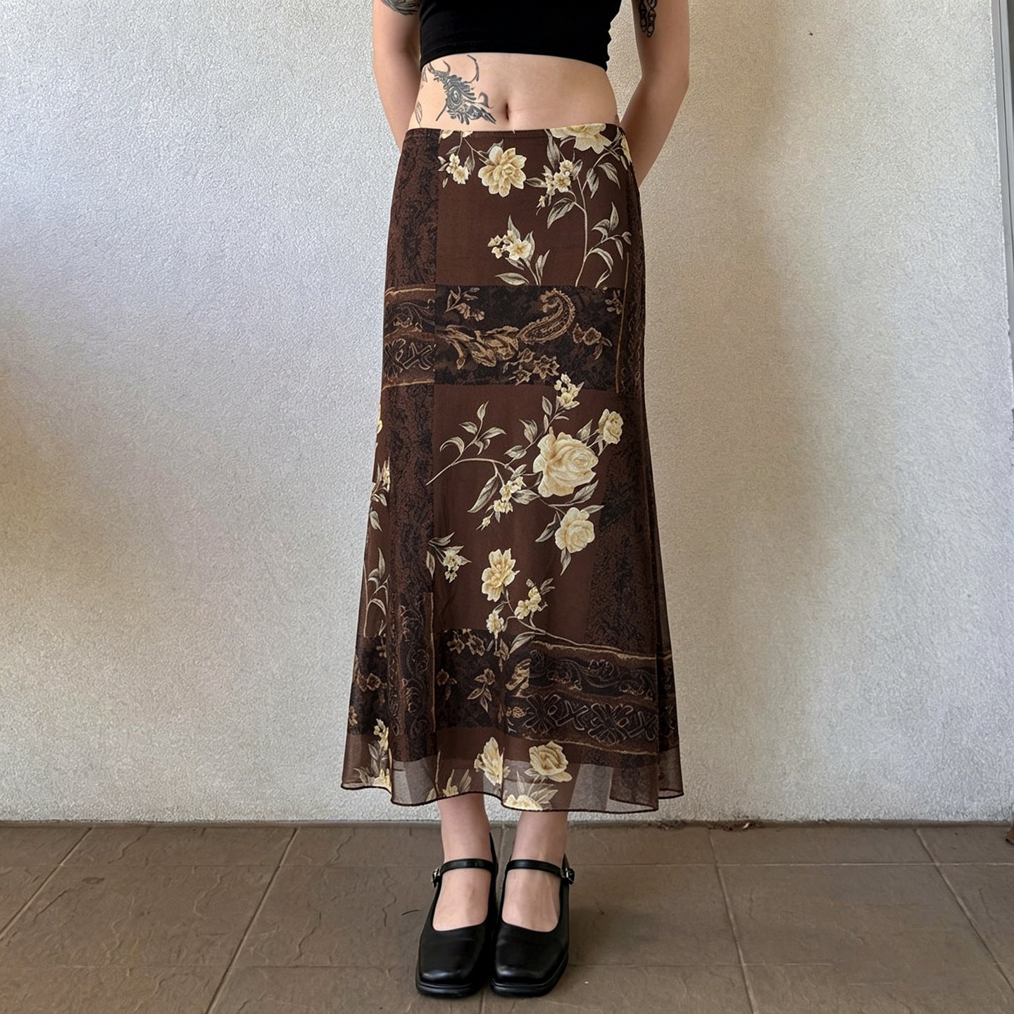 Damen Maxi-Rock mit floralem Design und transparenter Chiffon-Überlage R&B