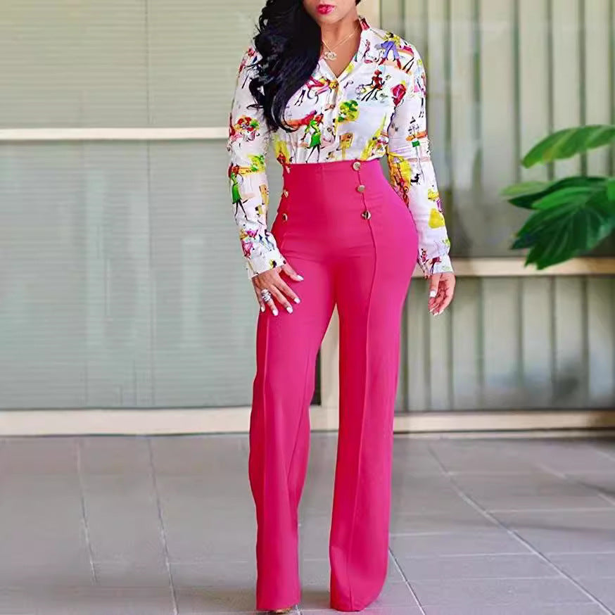 Damen Hochtaillierte Palazzo-Hose mit goldenen Knöpfen R&B