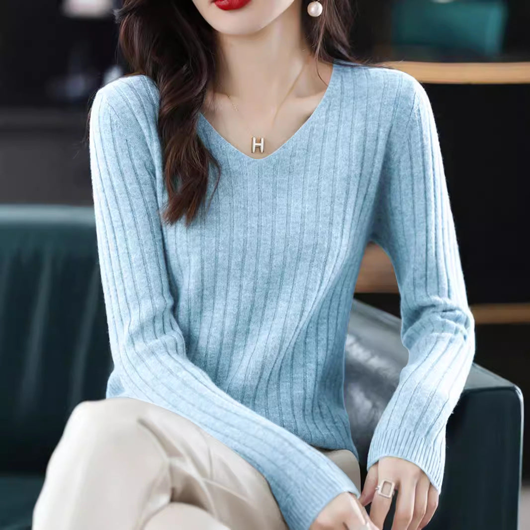 Damen Feinstrickpullover mit V-Ausschnitt und Rippstruktur R&B