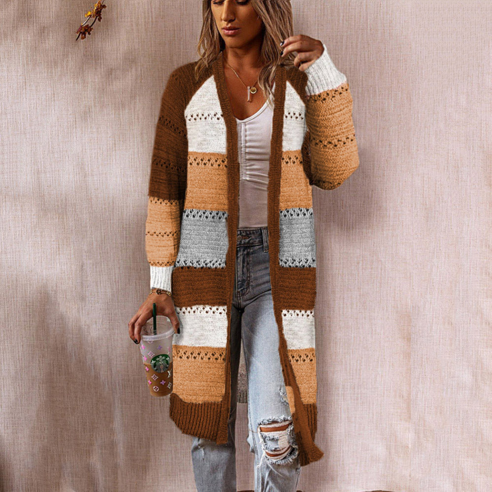 Damen Langstrickjacke mit modernem Streifenmuster und offenen Front R&B