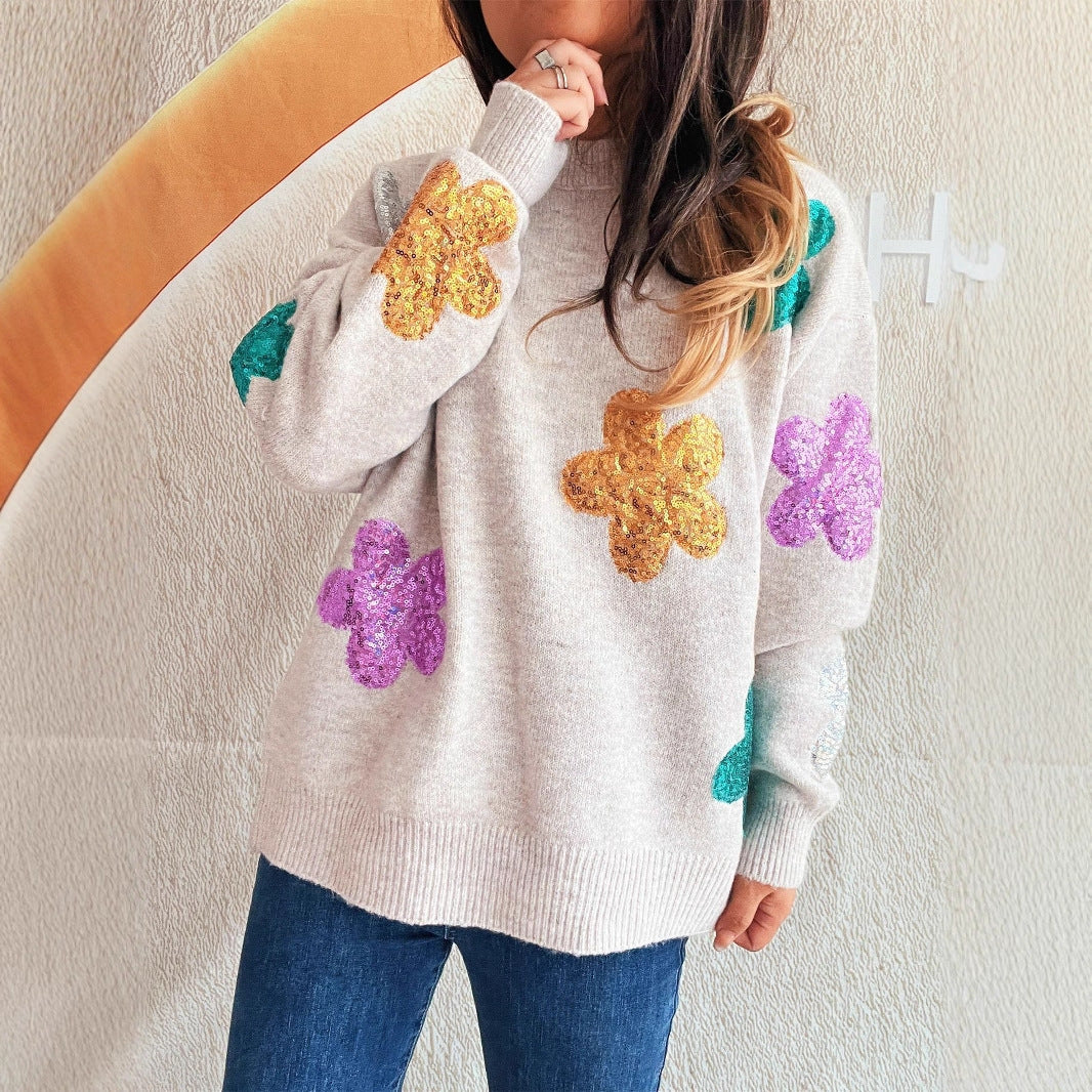 Damen Strickpullover mit bunten Funkelblumen R&B