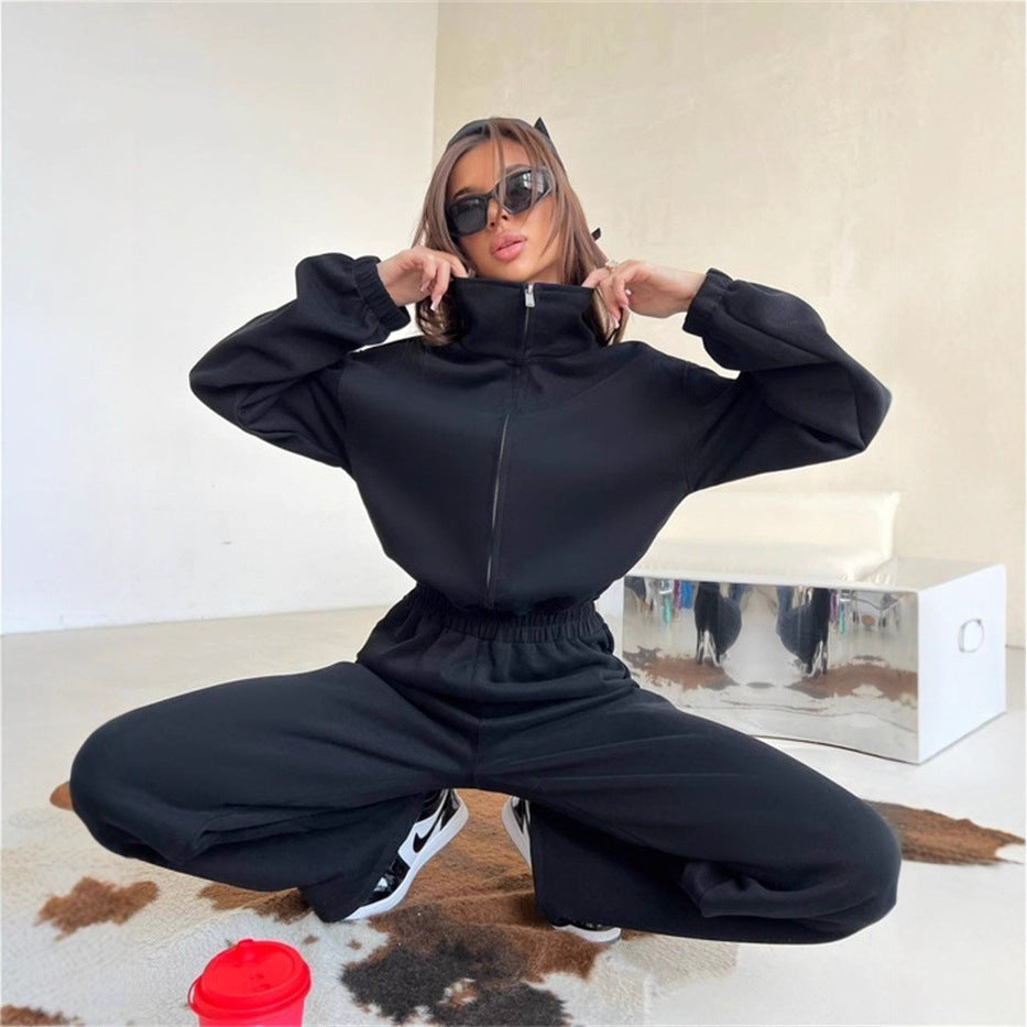 Damen sportlicher Fleece-Loungewear-Anzug mit hohem Kragen und elastischem Bund R&B