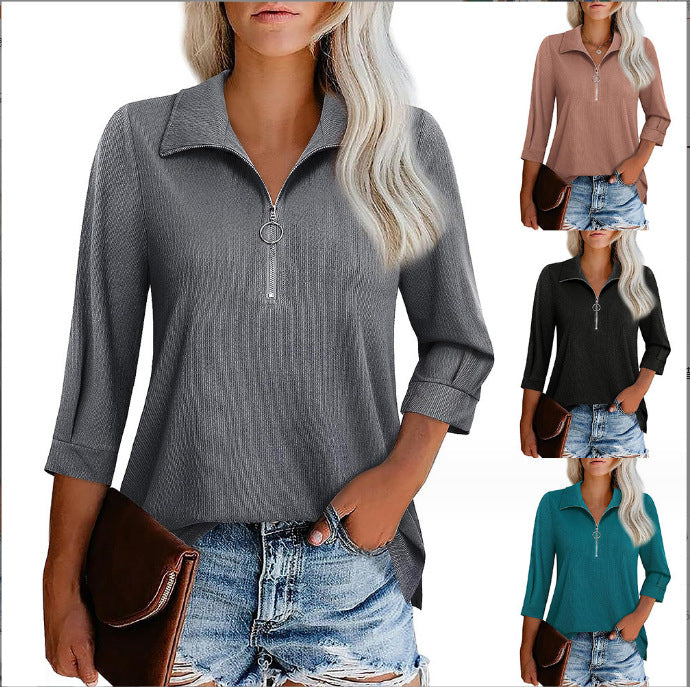 Damen nan lässige Bluse mit Reißverschlusskragen dreiviertelärmel und ausgestelltem Saum R&B