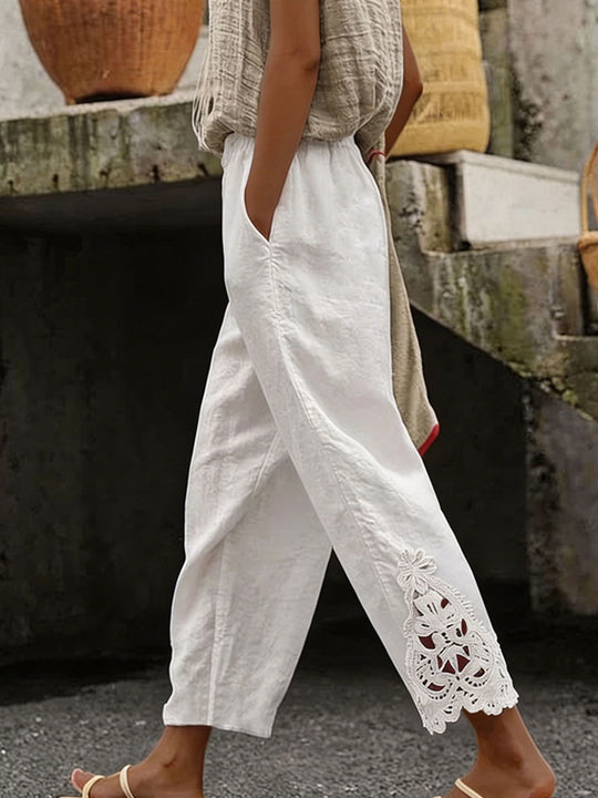 Damen Elegante Leinenhose mit exquisitem Spitzenbesatz R&B