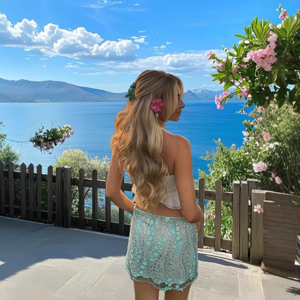 Damen kurzer Rock mit funkelnden Pailletten und boho-inspiriertem Design R&B