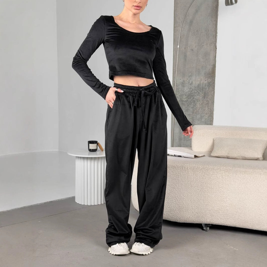 Damen modisches Crop-Top und bequeme Freizeithose Set R&B
