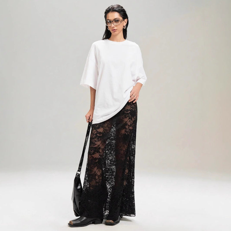 Damen Elegante Spitzenmaxi-Rock mit durchscheinendem Design und seitlichem Schlitz R&B