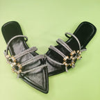 Damen elegante Riemchen-Sandalen mit funkelnden Akzenten und spitzem Zehenbereich R&B