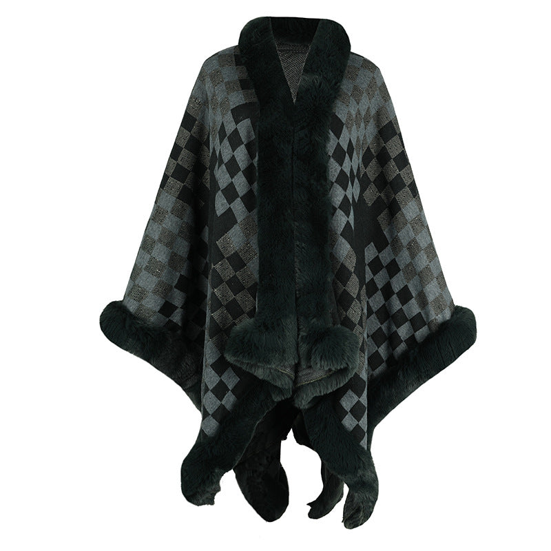 Damen eleganter Strickponcho mit luxuriösem Kunstfellbesatz und geometrischem Muster R&B