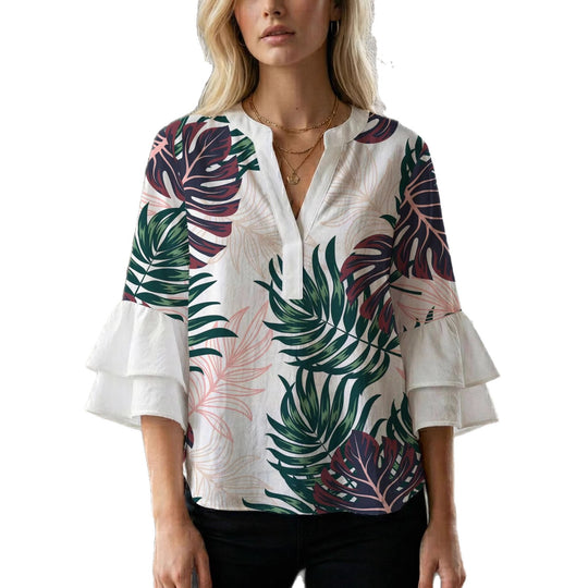 Damen Blusenshirt mit voluminösen Ärmeln und kreativem Druckdesign R&B