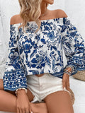 Damen Off-Shoulder Bluse mit floralen Stickereien und elastischem Bund R&B