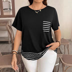 Damen Legeres T-Shirt mit gestreiftem Saum und Brusttasche R&B