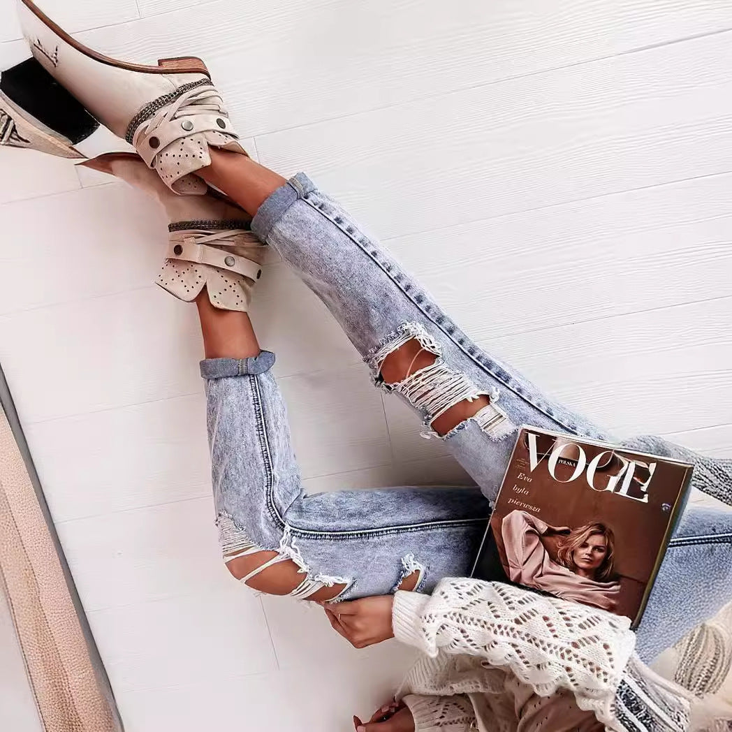 Damen Boyfriend-Jeans mit Destroyed-Details und hohem Komfortbund R&B