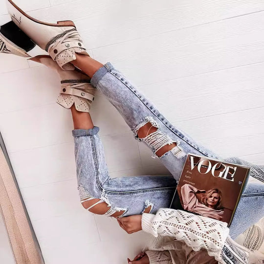 Damen Boyfriend-Jeans mit Destroyed-Details und hohem Komfortbund R&B