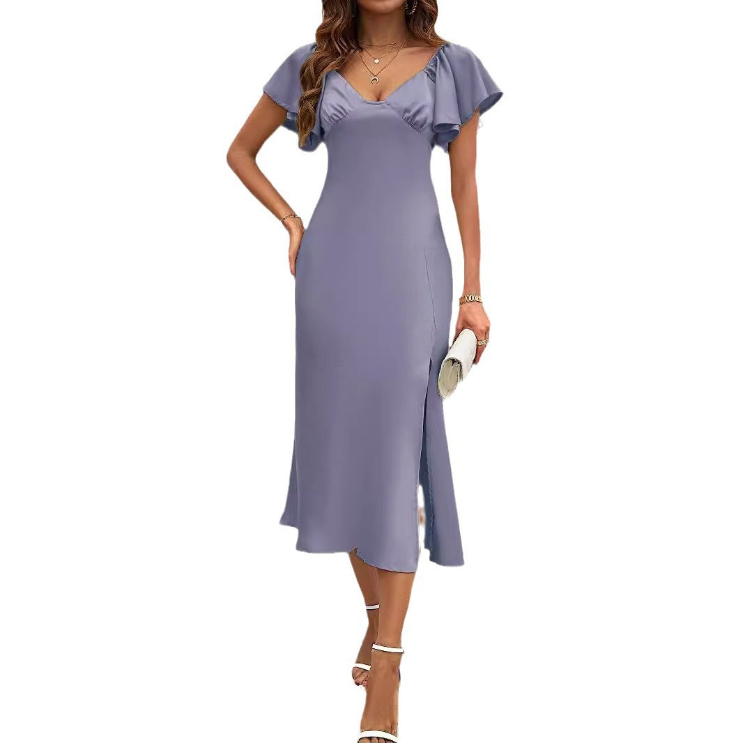Damen Maxikleid mit eleganten Puffärmeln und seitlichem Schlitz R&B
