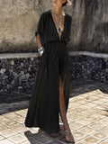Damen Elegantes Maxikleid mit tiefem V-Ausschnitt und hohem Schlitz EB