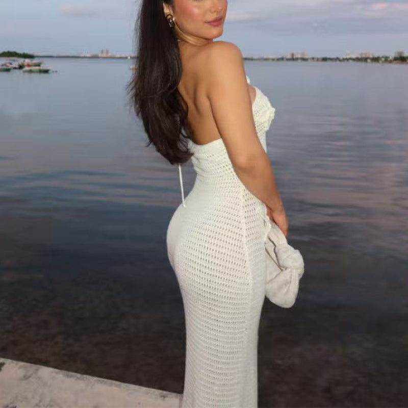 Damen Häkel-Maxikleid mit floralem Design und schmalem Schnitt R&B