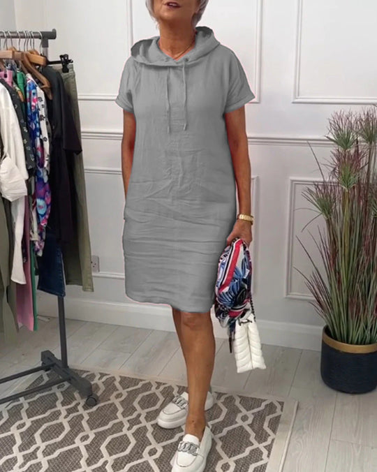 Damen nan lässiges Kapuzen-Midikleid mit kurzen Ärmeln und geradem Relax‑Schnitt R&B