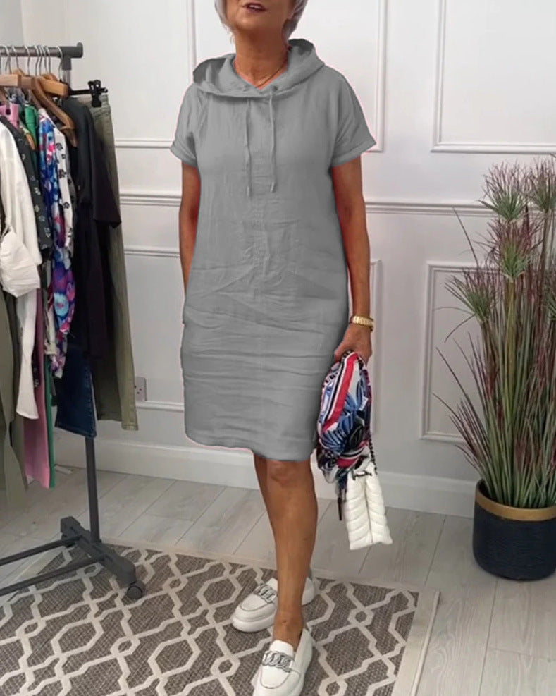 Damen nan legeres Kapuzenkleid mit kurzem Ärmel, geradem Schnitt und Kordelzug R&B