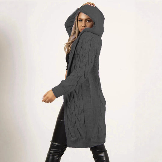 Damen Strickmantel mit Kapuze und Zopfmuster R&B