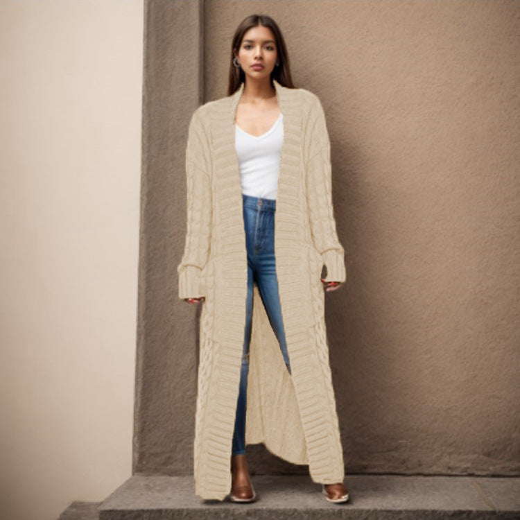 Damen Langer Strickcardigan mit raffiniertem Zopfdesign und praktischen Taschen R&B