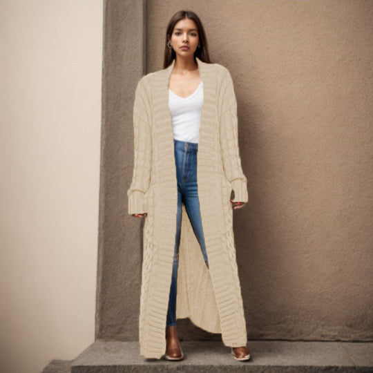 Damen Langer Strickcardigan mit raffiniertem Zopfdesign und praktischen Taschen R&B