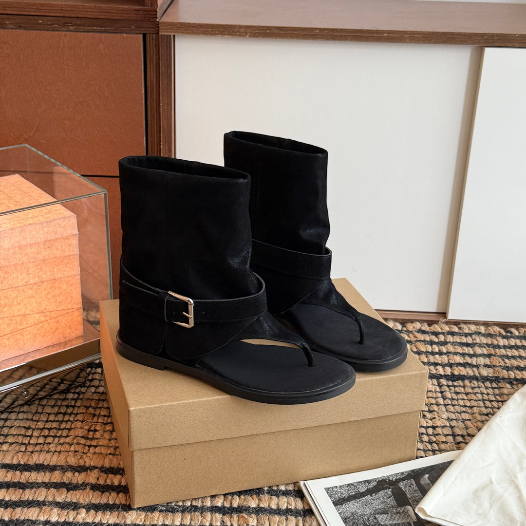 Damen Zehentrenner-Stiefel mit modischem Riemendesign und hochwertiger Veloursleder-Oberfläche R&B