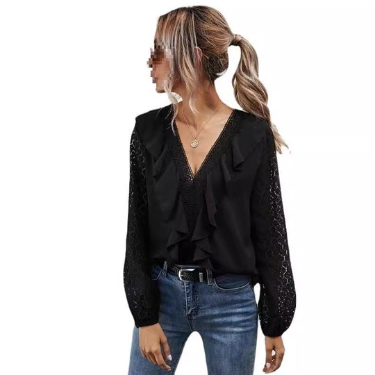 Damen Rüschenbluse mit transparenten Ärmeln und feinen Spitzenakzenten R&B