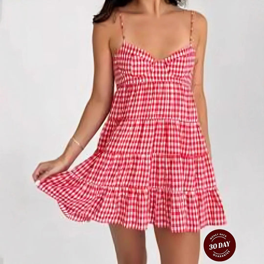 Damen nan luftiges kariertes Trägerkleid mit herzförmigem Ausschnitt und gestuftem Volantrock R&B