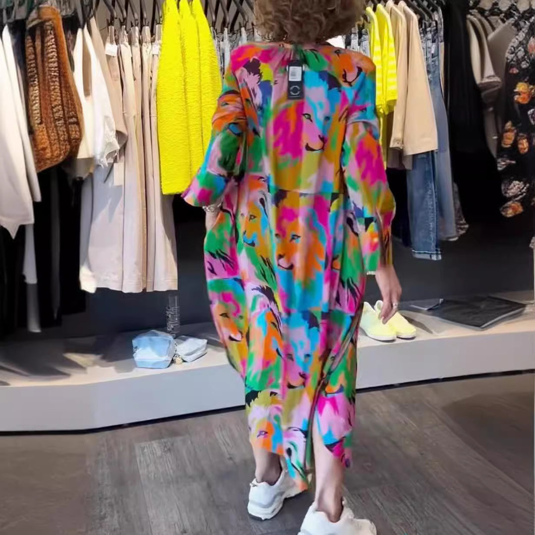 Damen nan Hemdblusen-Maxikleid mit Pop‑Art-Löwenprint, Knopfleiste und Eingrifftaschen R&B