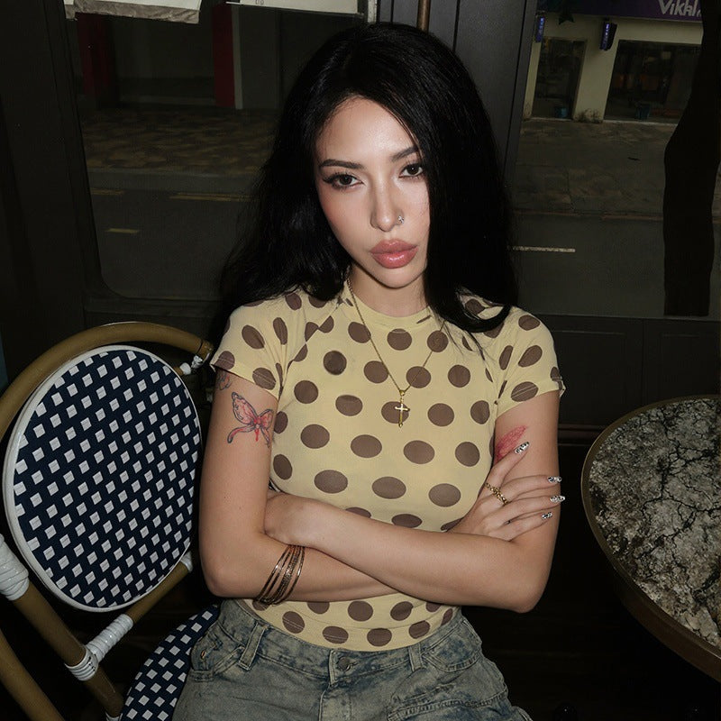 Damen Figurbetontes Kurzarmshirt mit modernen Punktedesign R&B