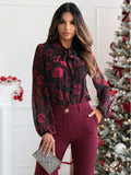 Damen Elegante Bluse mit Schleifenkragen und floralen Mustern R&B