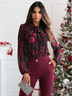 Damen Elegante Bluse mit Schleifenkragen und floralen Mustern R&B