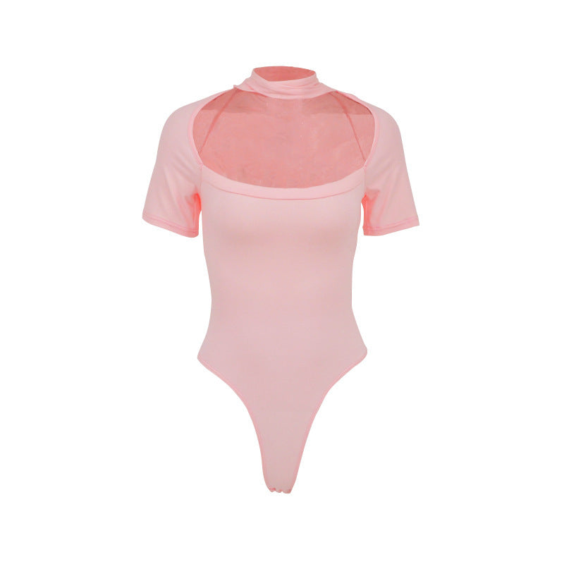 Damen Hochgeschlossenes Body-Oberteil mit transparentem Netz-Material und kurzen Ärmeln R&B