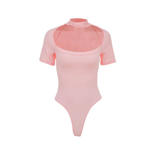 Damen Hochgeschlossenes Body-Oberteil mit transparentem Netz-Material und kurzen Ärmeln R&B