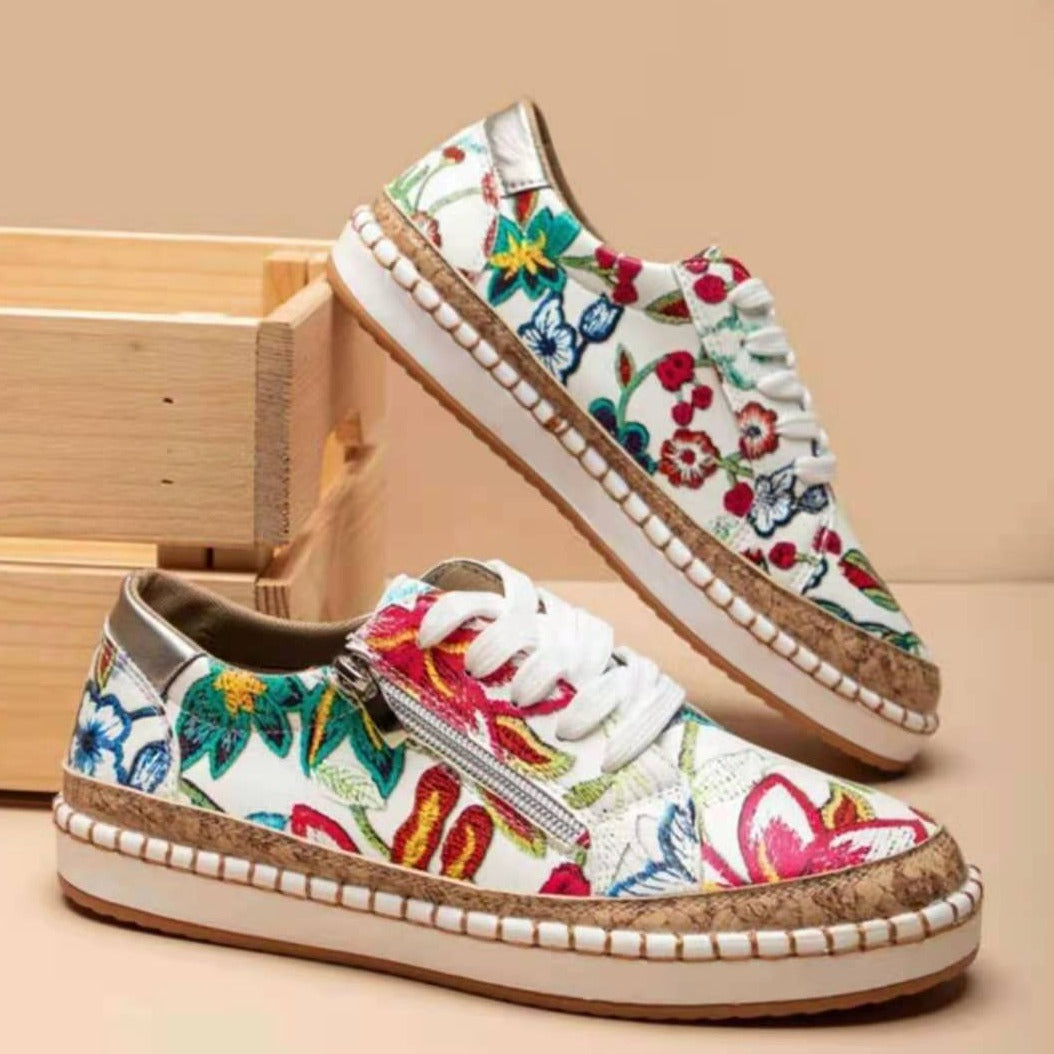 Damen Modische Sneaker mit buntem Muster und hochwertigem Korkrand
