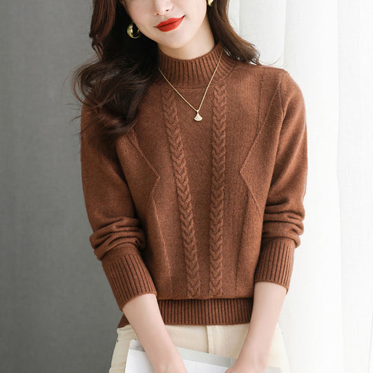 Damen Grobstrickpullover mit elegantem Zopfmuster und hohem Kragen R&B