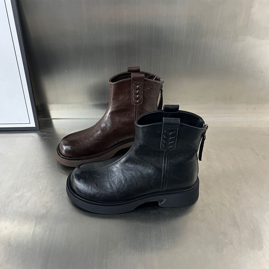 Damen Modische Leder-Stiefeletten mit robustem Plateau und feinem Zipper R&B