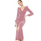 Damen Elegantes Samtkleid mit V-Ausschnitt und Puffärmeln R&B
