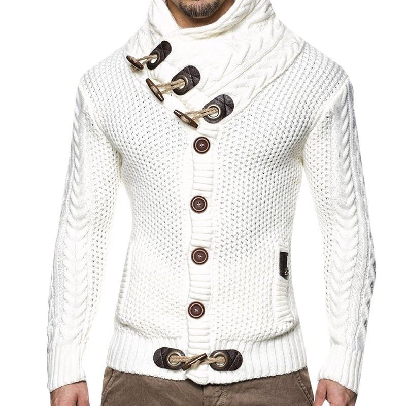 Herren gestrickter Cardigan mit hohem Kragen und modernen Holzknebel R&B