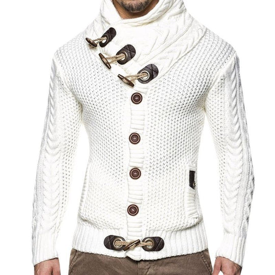 Herren gestrickter Cardigan mit hohem Kragen und modernen Holzknebel R&B