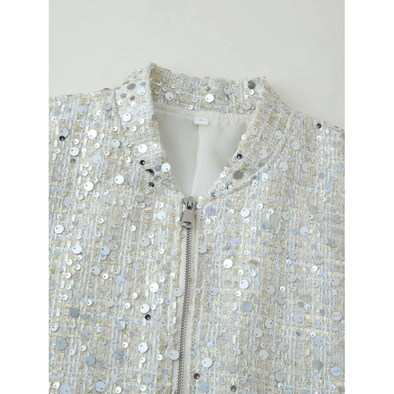 Damen Glitzernde Bomberjacke mit glänzenden Pailletten und Reißverschluss R&B