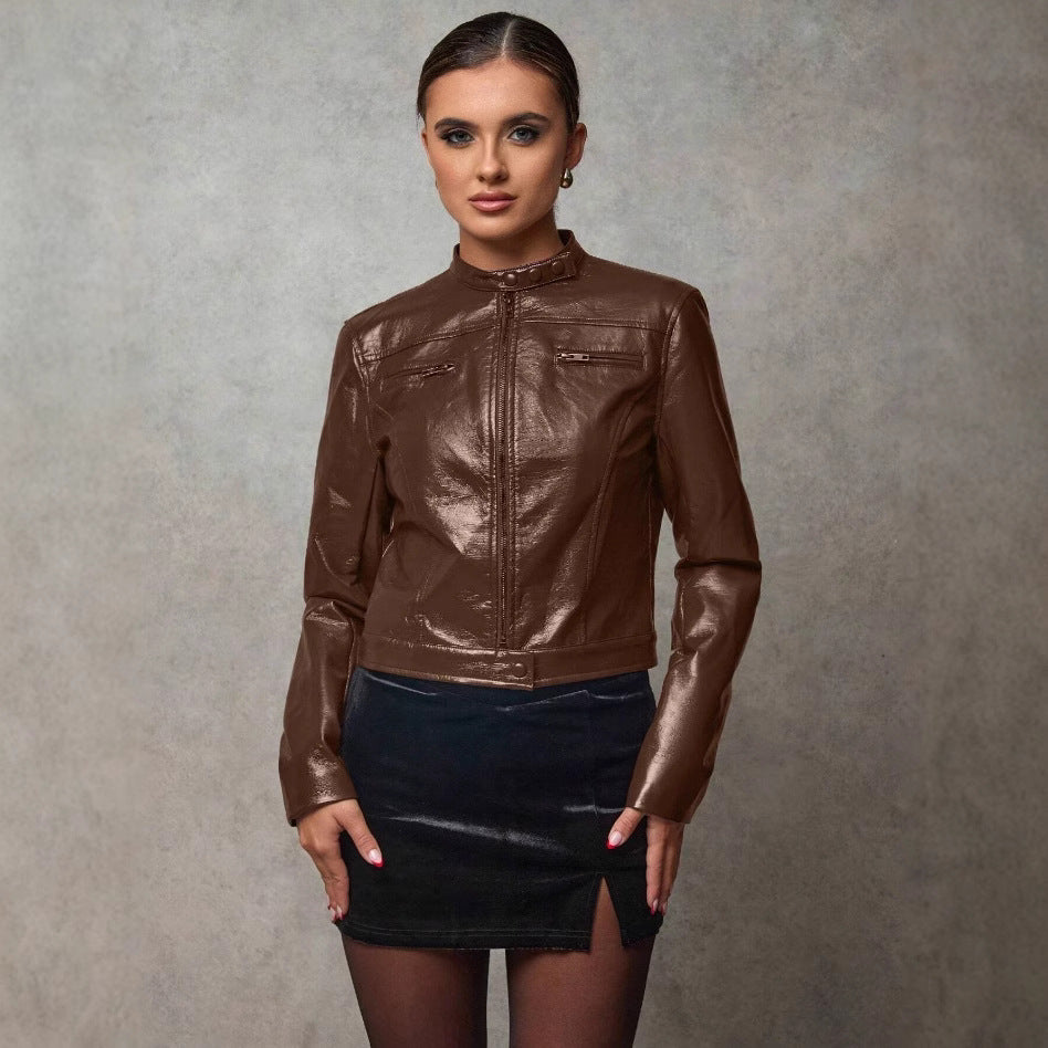 Damen Kurze Kunstlederjacke mit asymmetrischem Schnitt R&B