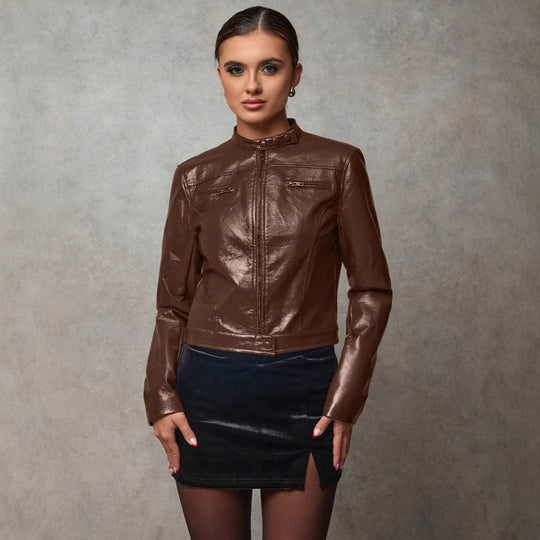 Damen Kurze Kunstlederjacke mit asymmetrischem Schnitt R&B