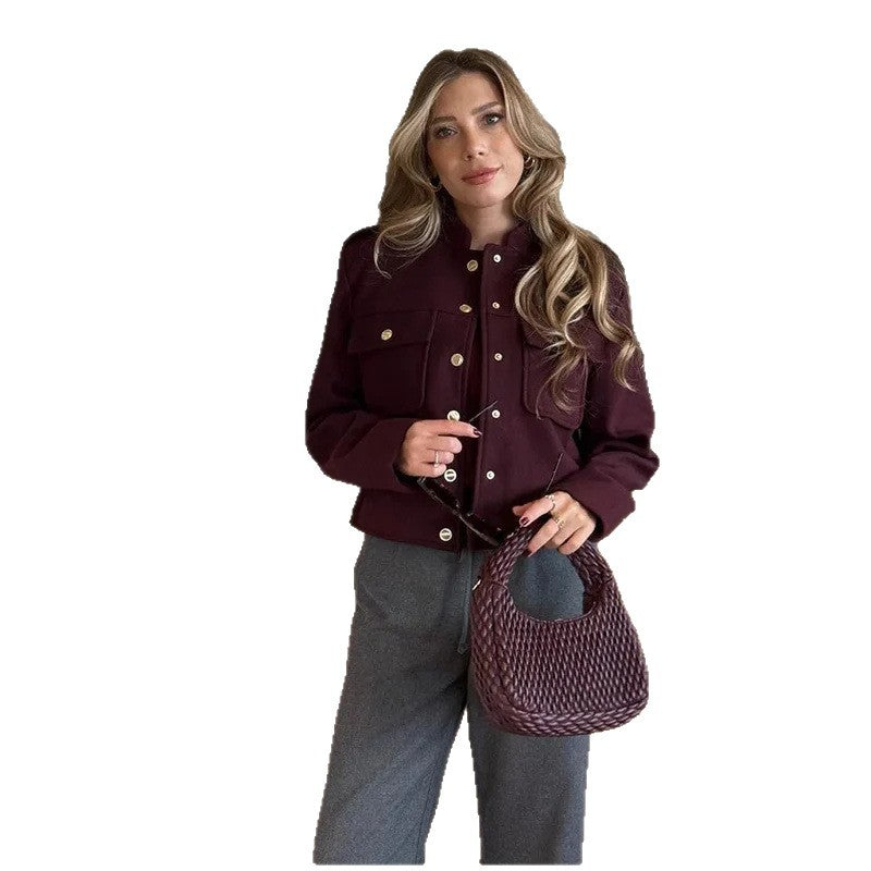 Damen Modische Kurzjacke mit praktischen Taschen und goldenen Druckknöpfen R&B