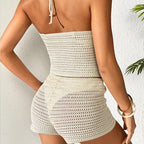 Damen Häkel-Crop-Top und Shorts-Set mit floralen Details R&B