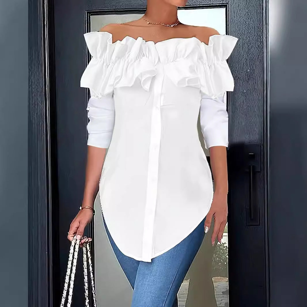 Damen Off-Shoulder Bluse mit Rüschen und Knopfleiste R&B